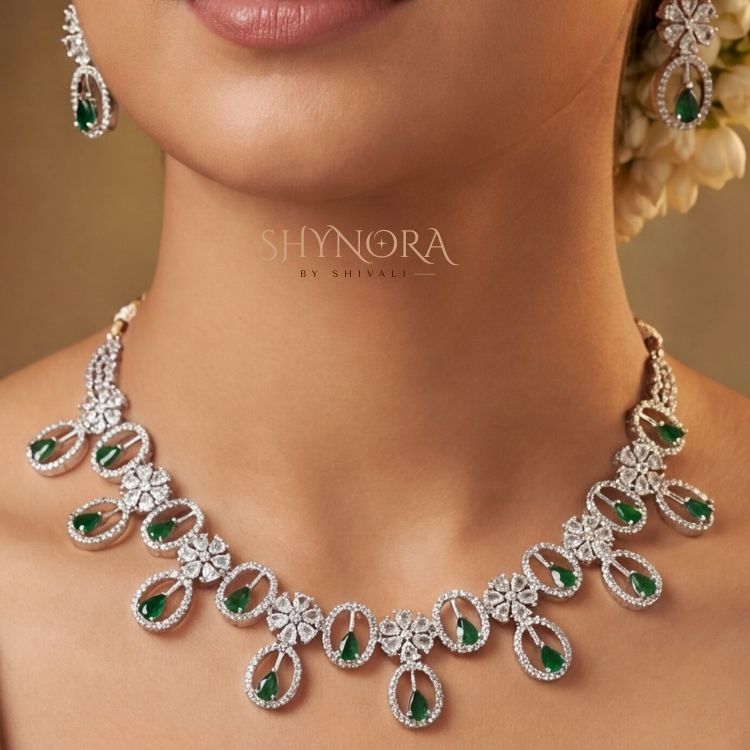 Zara Emerald Oval Drops AD Necklace Set