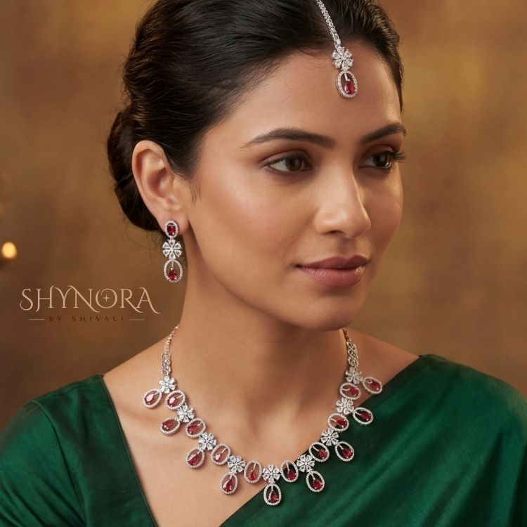 Noor Ruby Oval Drops AD Necklace Set