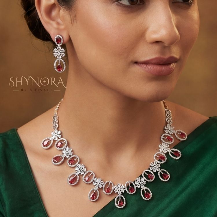 Noor Ruby Oval Drops AD Necklace Set