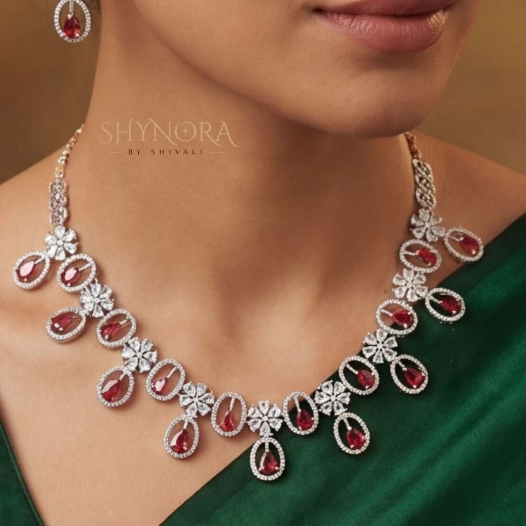 Noor Ruby Oval Drops AD Necklace Set