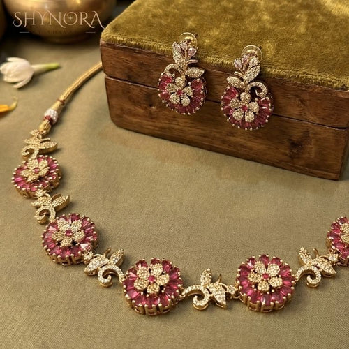Aarohi Red Floral Radiance AD Necklace Set
