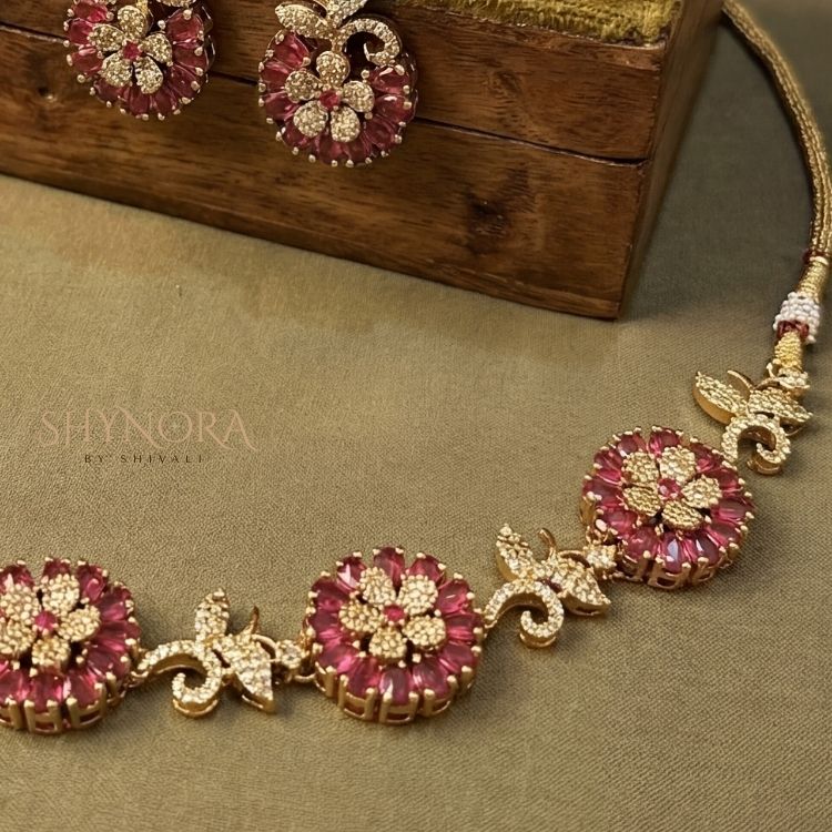Aarohi Red Floral Radiance AD Necklace Set