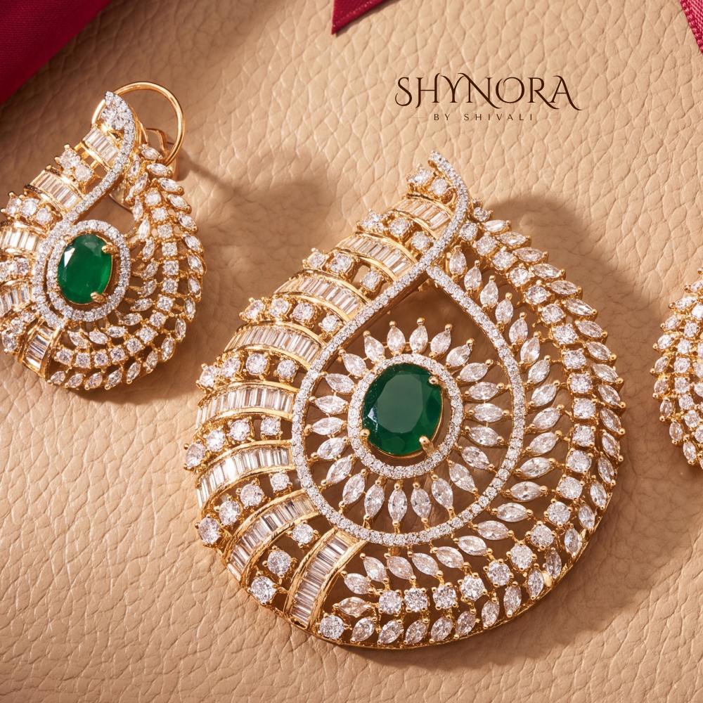 Emerald Peacock Eye AD Pendant Set – Shynora By Shivali