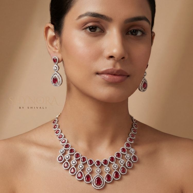Royal Ruby Red Teardrop Chandelier Necklace Set with Earrings