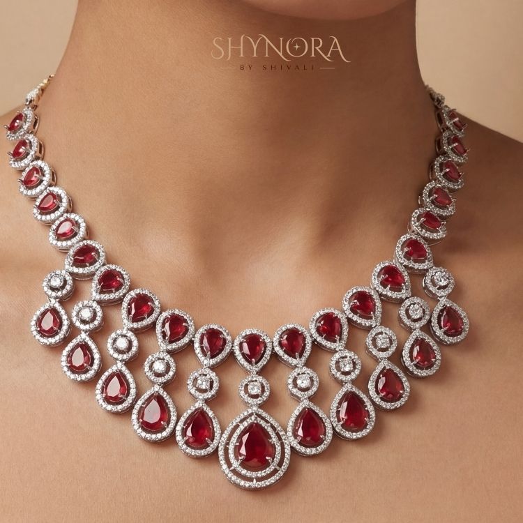 Royal Ruby Red Teardrop Chandelier Necklace Set with Earrings