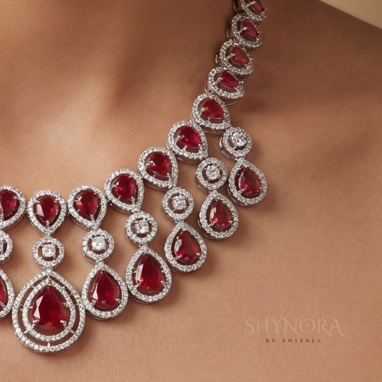 Royal Ruby Red Teardrop Chandelier Necklace Set with Earrings