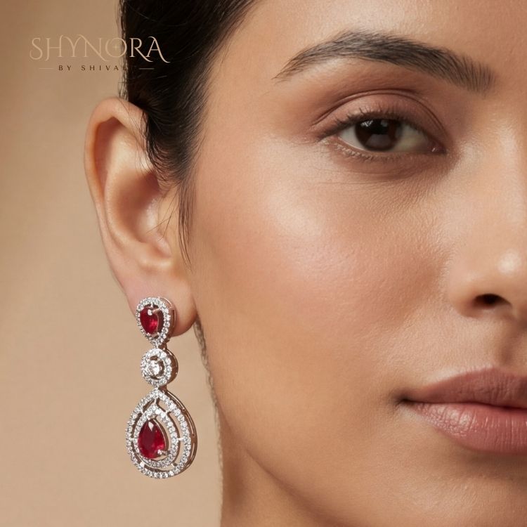 Royal Ruby Red Teardrop Chandelier Necklace Set with Earrings