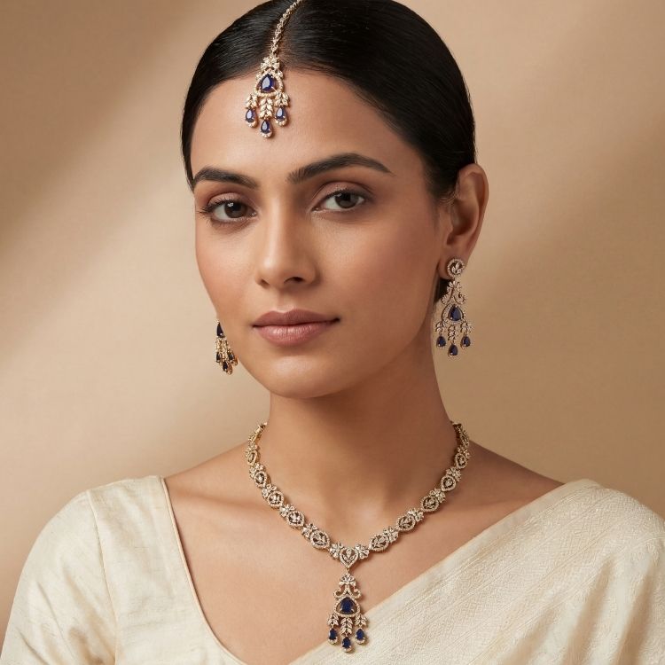 Noor Blue Regal Drop AD Necklace Set