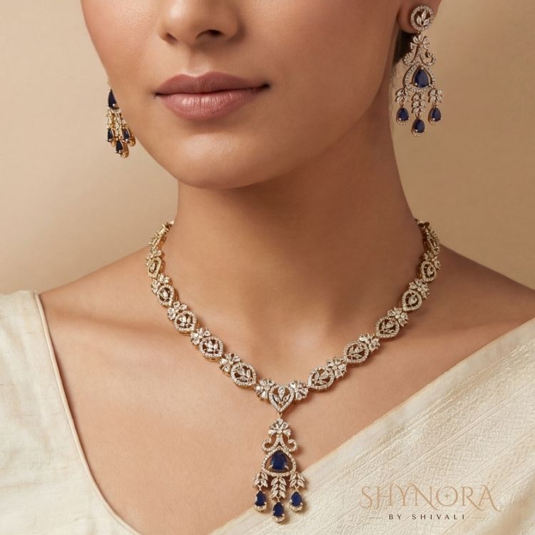Noor Blue Regal Drop AD Necklace Set