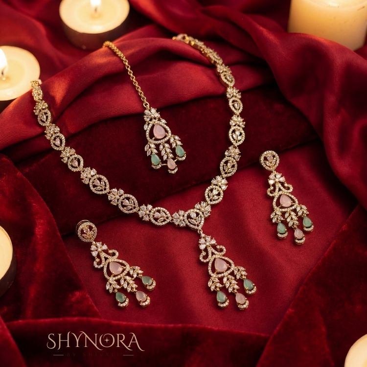 Aarohi Mint & Pink Drop AD Necklace Set