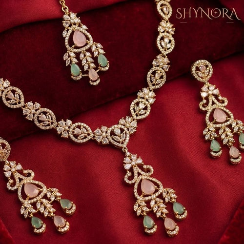 Aarohi Mint & Pink Drop AD Necklace Set