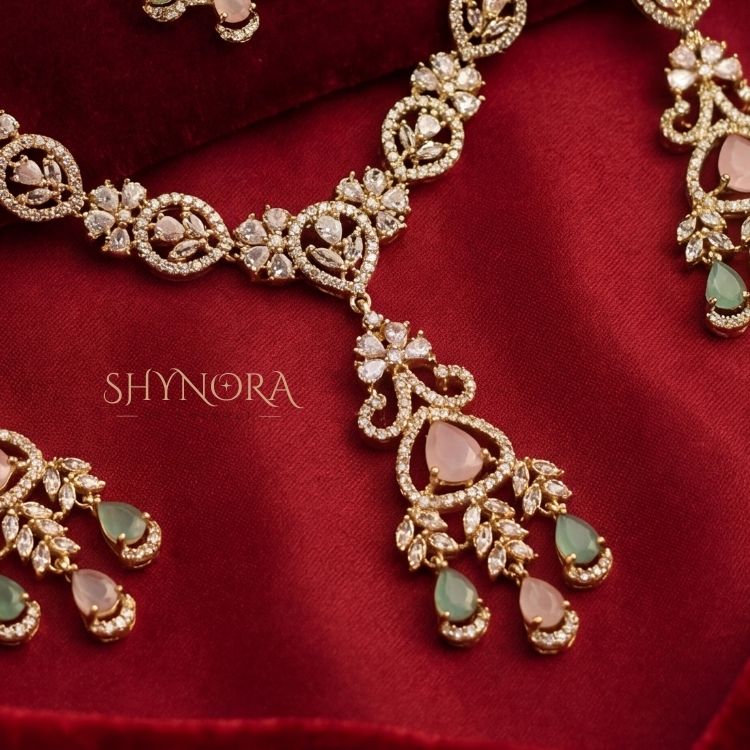 Aarohi Mint & Pink Drop AD Necklace Set