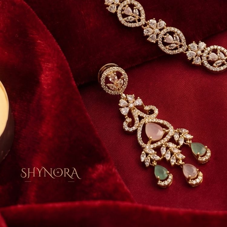 Aarohi Mint & Pink Drop AD Necklace Set