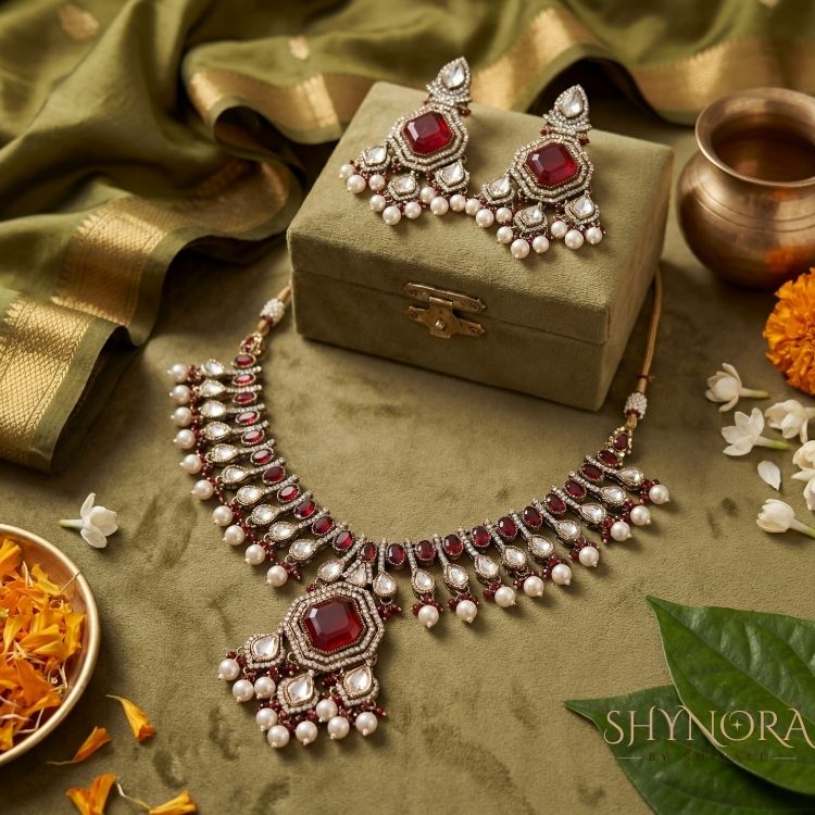 Zarqash Ruby Pearl Kundan Necklace Set