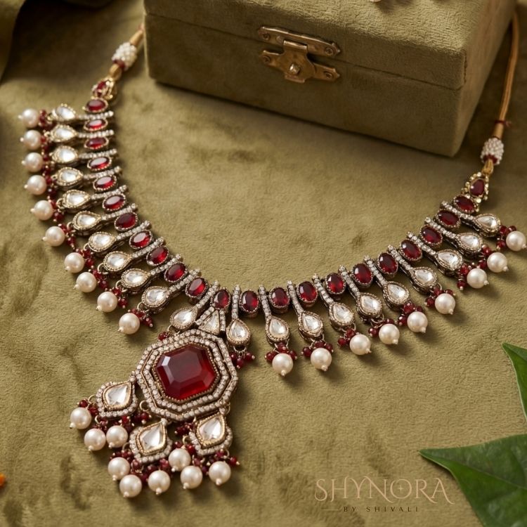 Zarqash Ruby Pearl Kundan Necklace Set