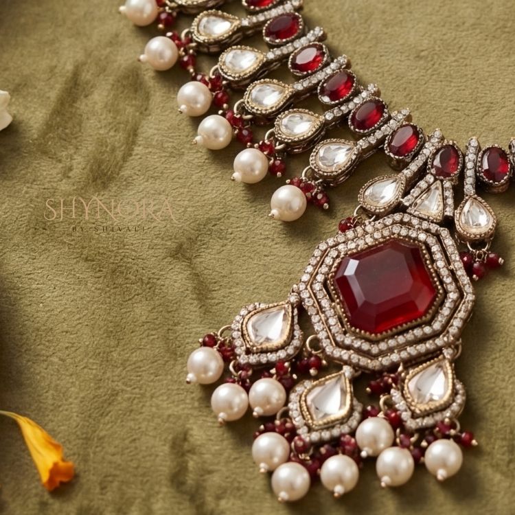 Zarqash Ruby Pearl Kundan Necklace Set