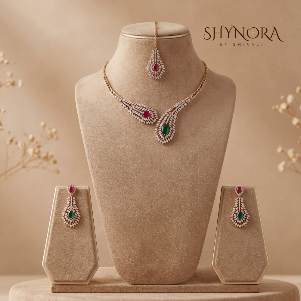 Ruby Emerald Leaf Wave Necklace Set – Shynora By Shivali