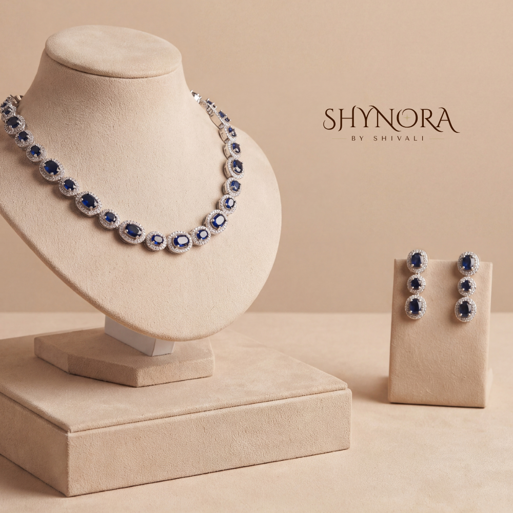 Sapphire Oval Halo Necklace Set – Shynora By Shivali