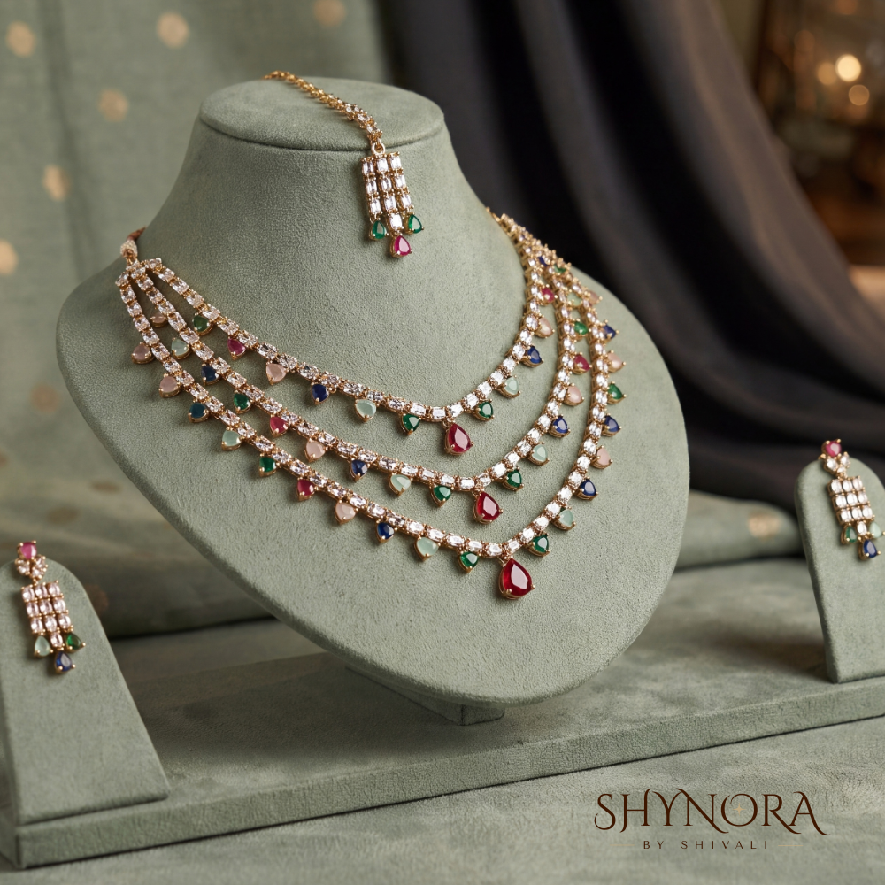Multicolor Gemstone Layered Necklace Set with Maang Tikka – Shynora By Shivali