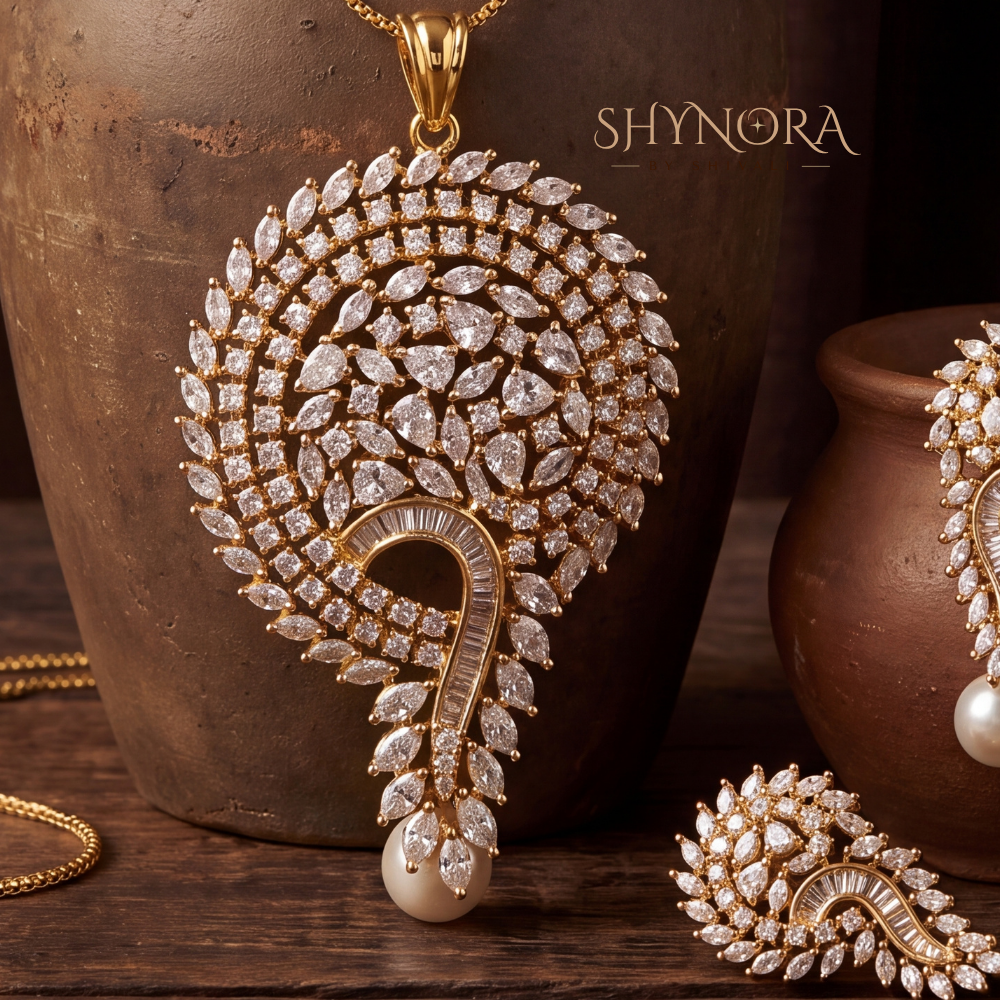 Wave Pearl Drop AD Pendant Set – Shynora By Shivali