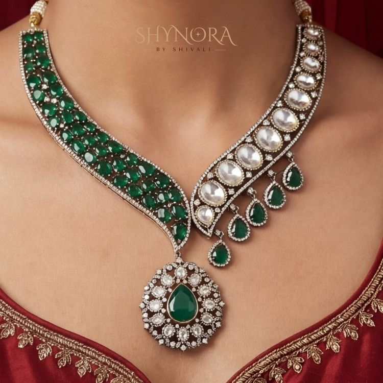 Zehra Emerald Veil Kundan Necklace Set