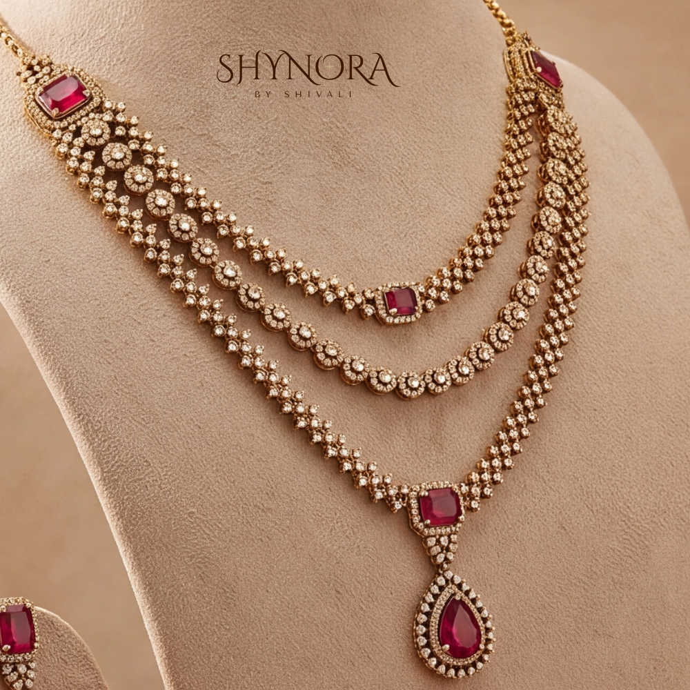 Three Tier Lattice Ruby Drop Necklace Set – Shynora By Shivali