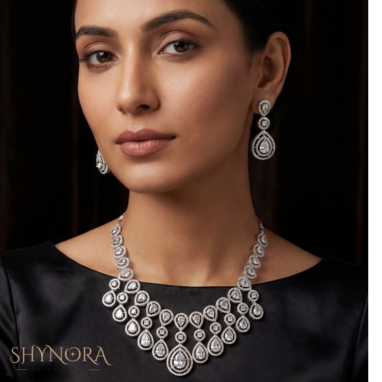 Classic White Crystal Teardrop Chandelier Necklace Set with Earrings