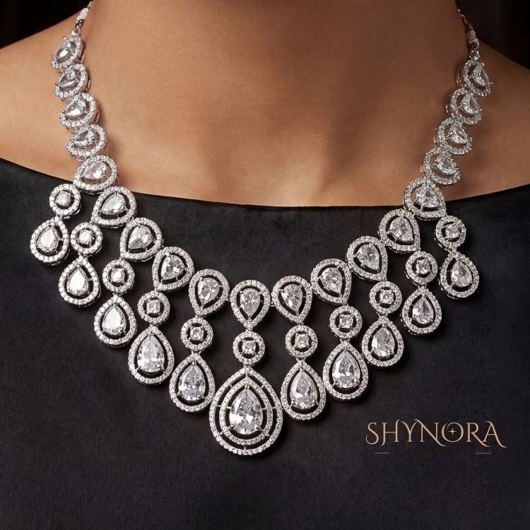 Classic White Crystal Teardrop Chandelier Necklace Set with Earrings