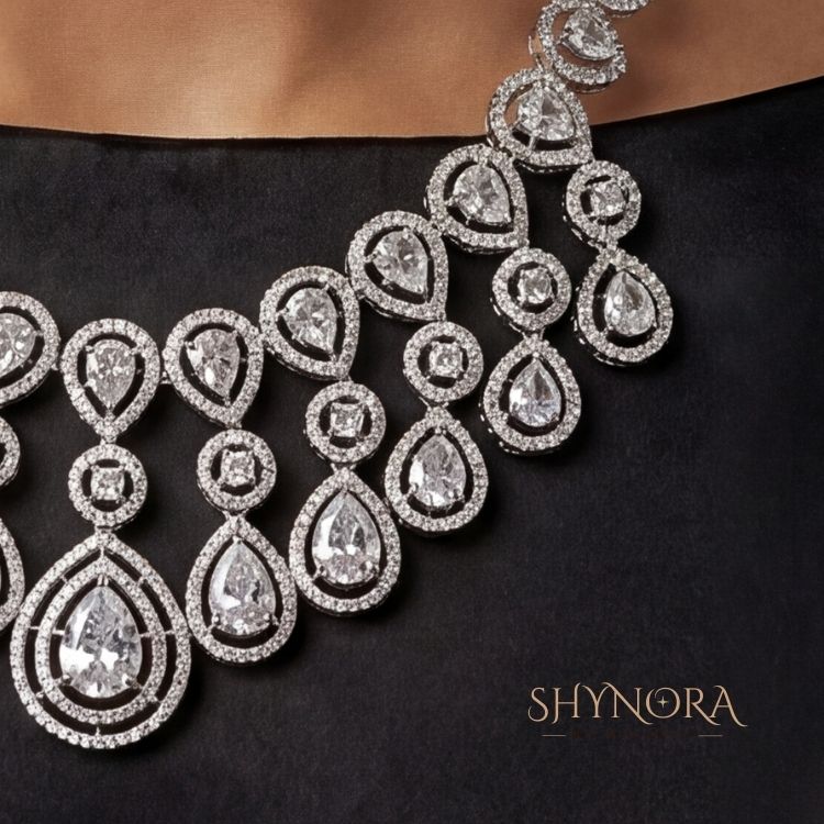 Classic White Crystal Teardrop Chandelier Necklace Set with Earrings