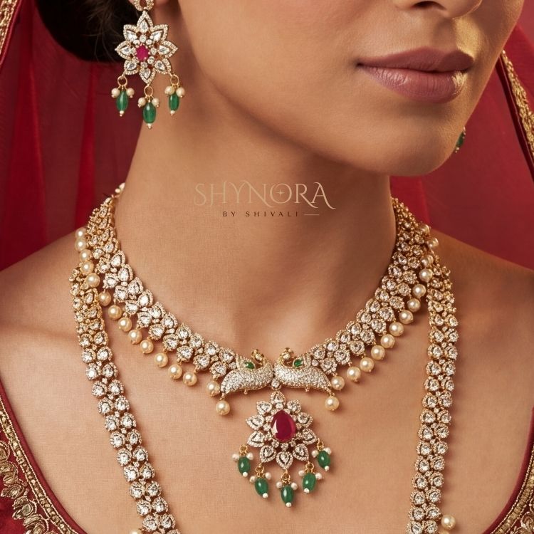Royal Emerald Ruby Pearl Bridal Necklace Set