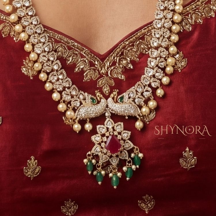 Royal Emerald Ruby Pearl Bridal Necklace Set