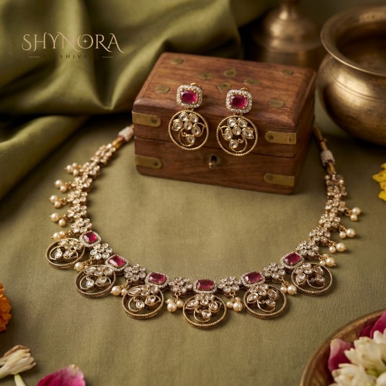 Noor Ruby Coin Drop Kundan Necklace Set