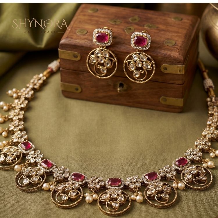 Noor Ruby Coin Drop Kundan Necklace Set