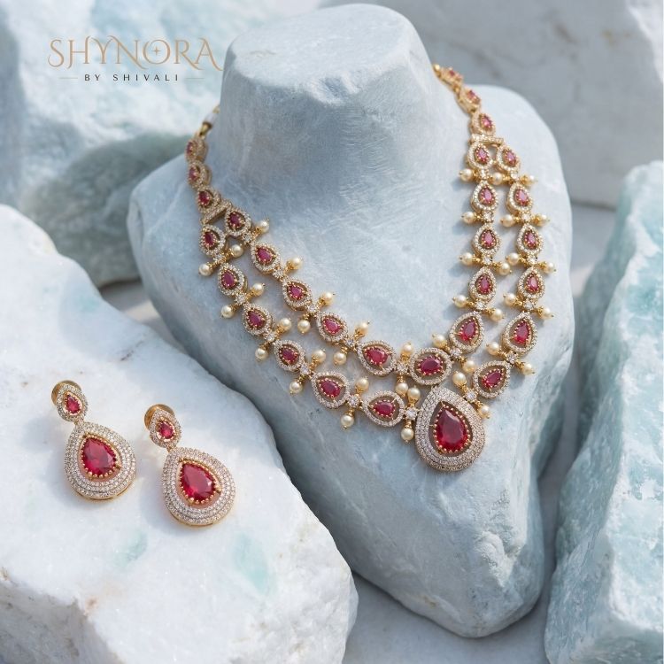 Aarohi Ruby Teardrop Pearl Necklace Set
