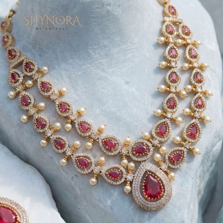 Aarohi Ruby Teardrop Pearl Necklace Set