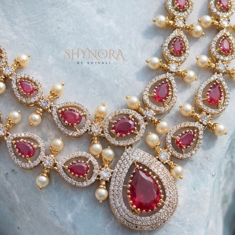 Aarohi Ruby Teardrop Pearl Necklace Set