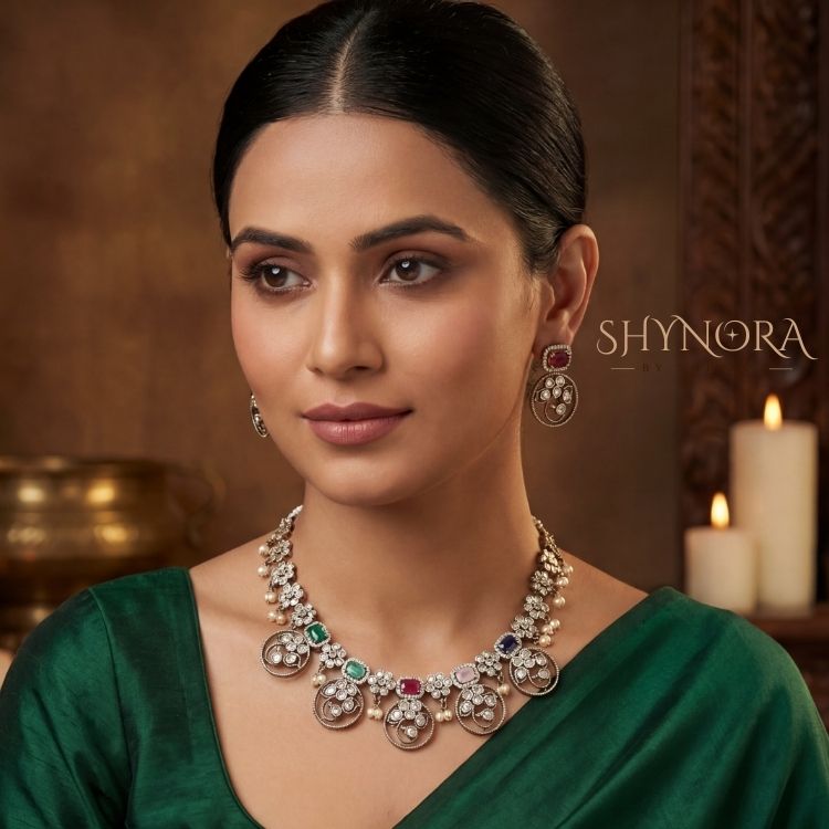 Rangoli Navratna Coin Drop Necklace Set