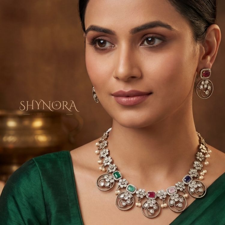 Rangoli Navratna Coin Drop Necklace Set