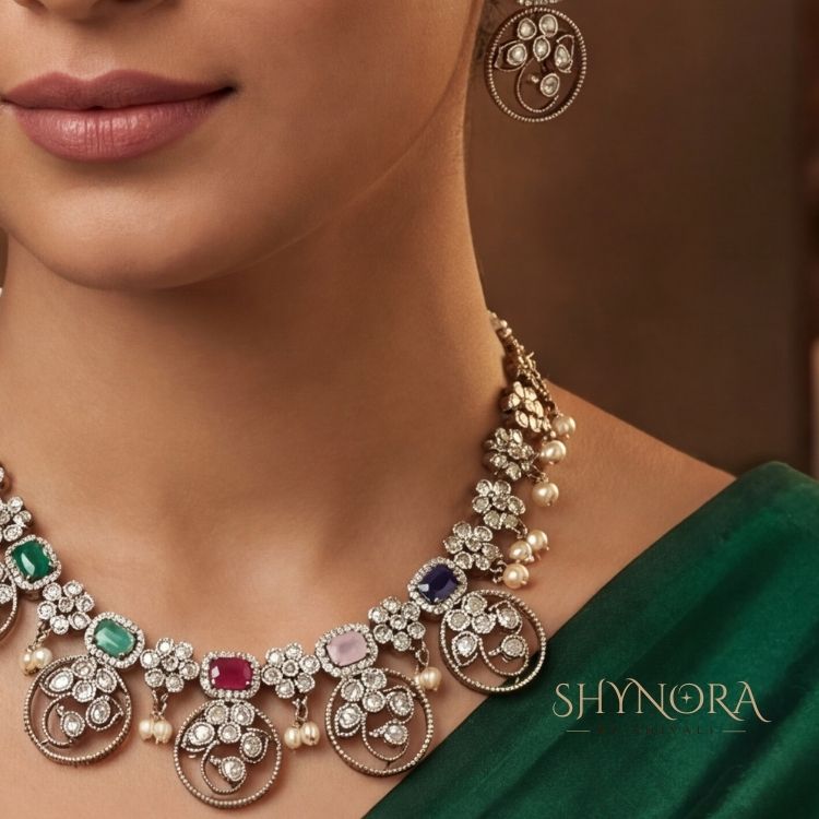 Rangoli Navratna Coin Drop Necklace Set