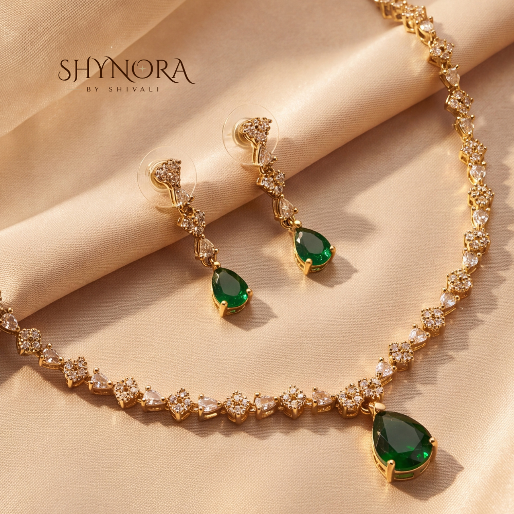 Emerald Pear Drop Single Strand Necklace Set – Shynora By Shivali