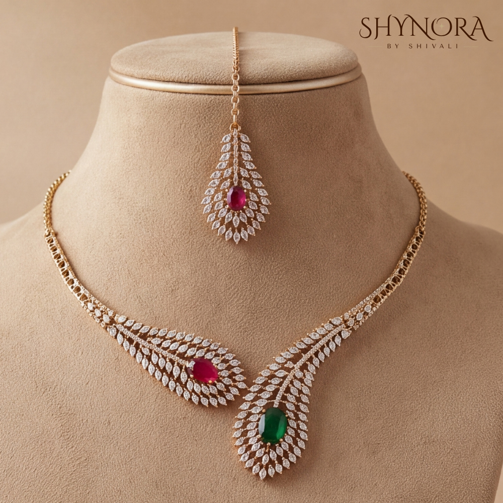 Ruby Emerald Leaf Wave Necklace Set – Shynora By Shivali