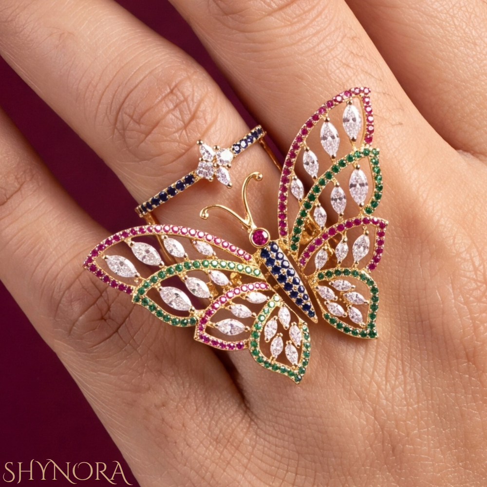 Multicolor Gemstone Butterfly Halo Adjustable Cocktail Ring – Shynora By Shivali