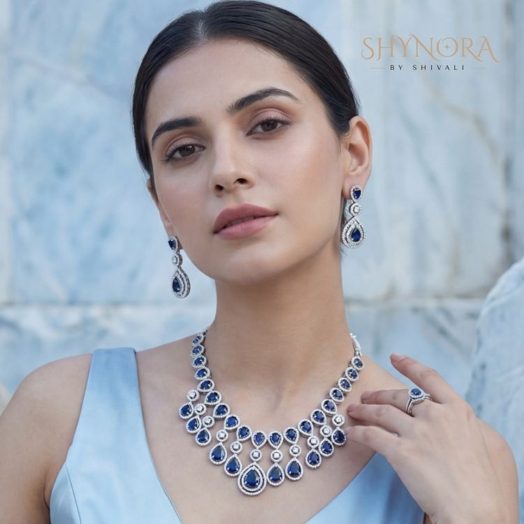 Midnight Blue Teardrop Chandelier Necklace Set with Earrings