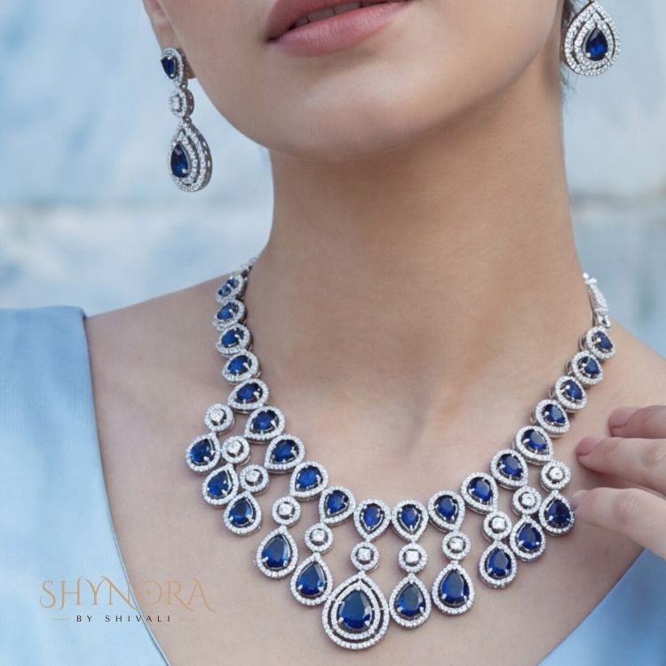 Midnight Blue Teardrop Chandelier Necklace Set with Earrings