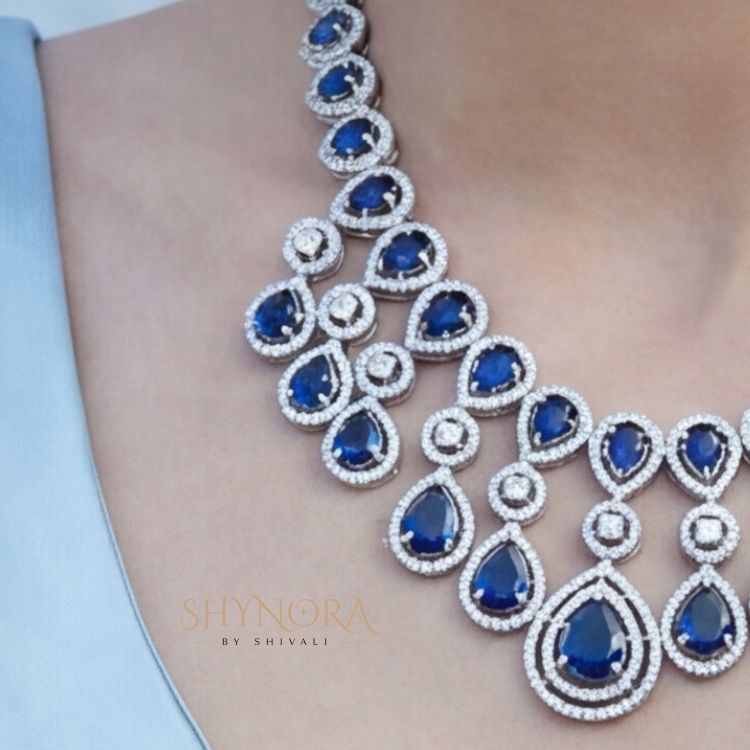 Midnight Blue Teardrop Chandelier Necklace Set with Earrings