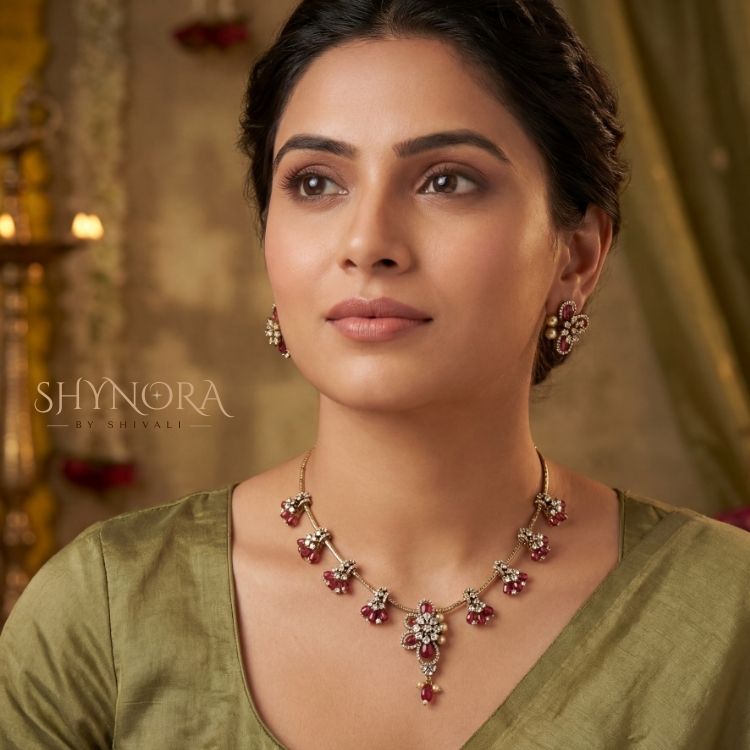 Ruby Bloom Drop Necklace Set