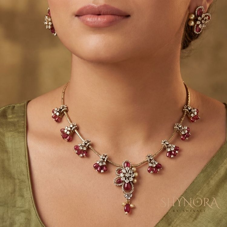 Ruby Bloom Drop Necklace Set