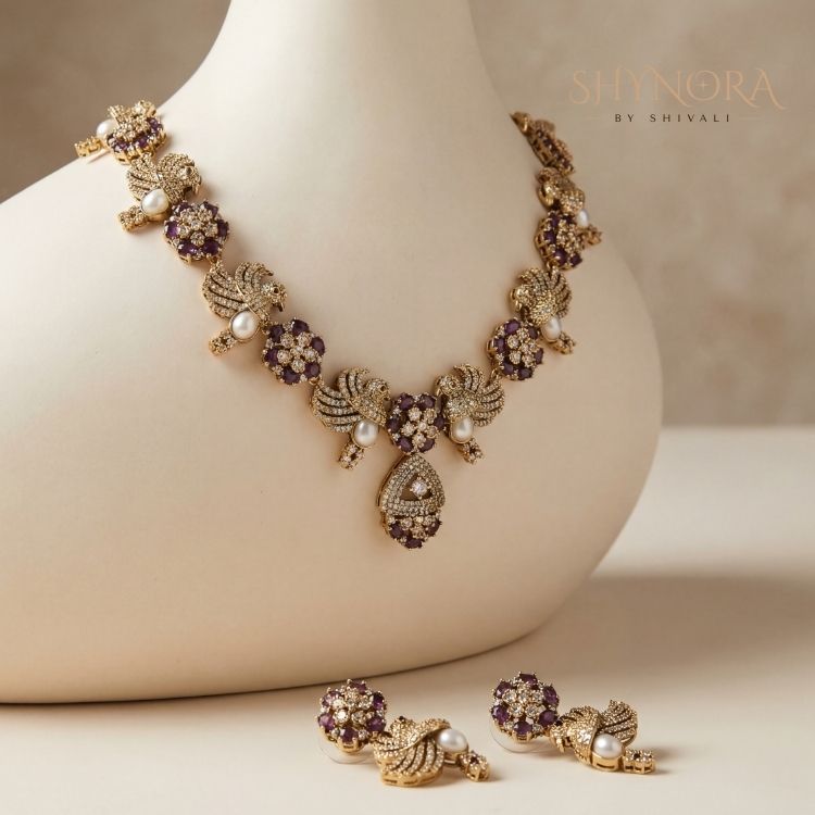 Noir Peacock Purple Pearl Necklace Set
