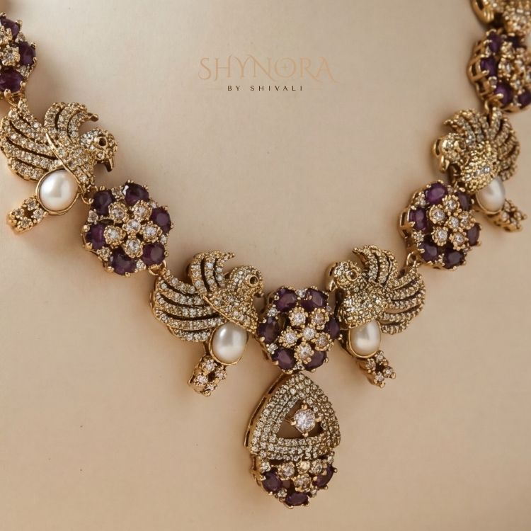 Noir Peacock Purple Pearl Necklace Set