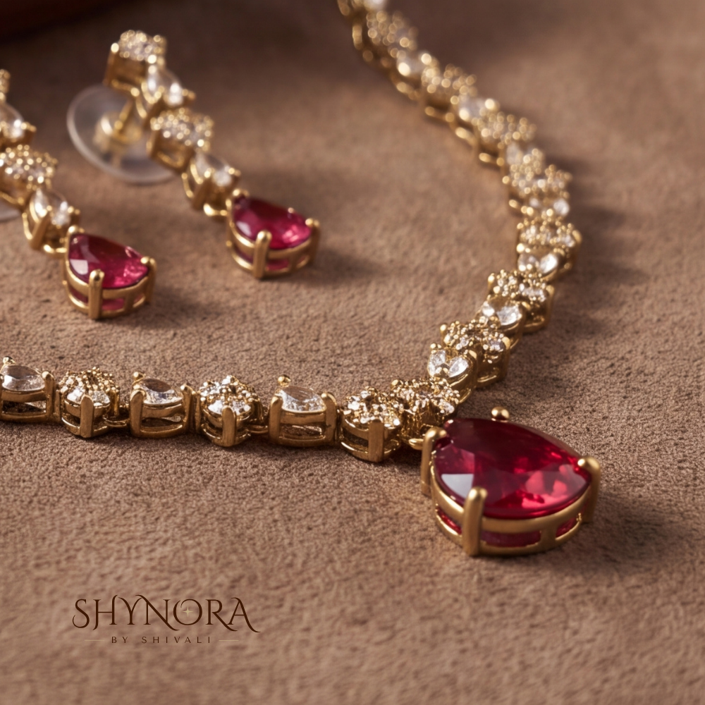 Ruby Pear Drop Delicate Necklace Set – Shynora By Shivali